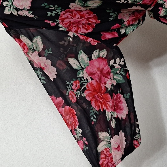 Floral NEW Black Red, Pink Wrap Ruffle Hem Flowy Boho Skater Dress Plus Size 3X - Picture 12 of 16